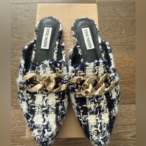 Steve Madden Women's Navy and Gold Chain Tweed Mules